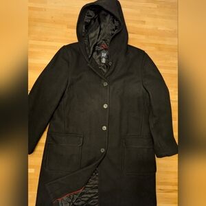 Y2K Gap Wool Maxi Black Peacoat with Hood, Quilted Lining
